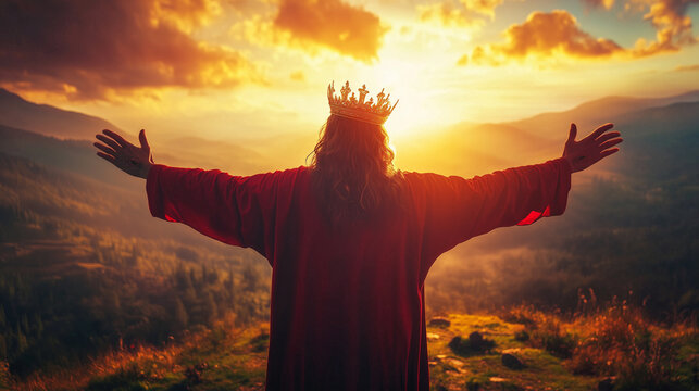 View from behind, of Jusus Christ with a king's crown, wearing a red tunic with his arms outstretched. Jesus is the King