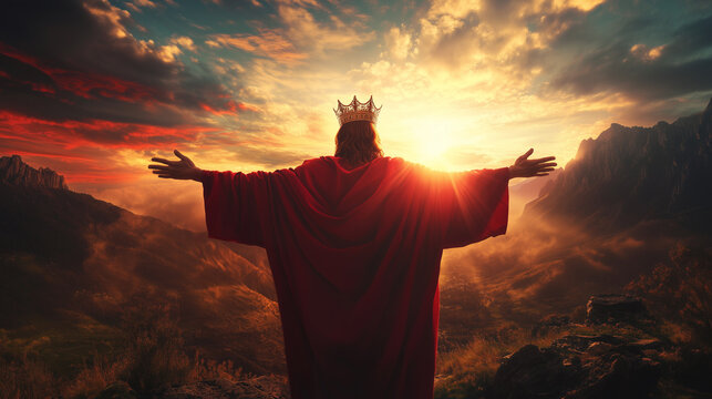 View from behind, of Jusus Christ with a king's crown, wearing a red tunic with his arms outstretched. Jesus is the King