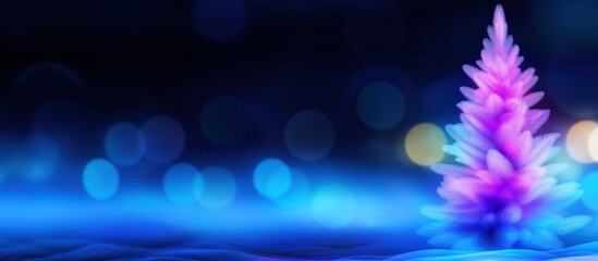 A glowing purple and blue Christmas tree with soft bokeh lights in the background. Festive holiday and winter wonderland concept with copy space.