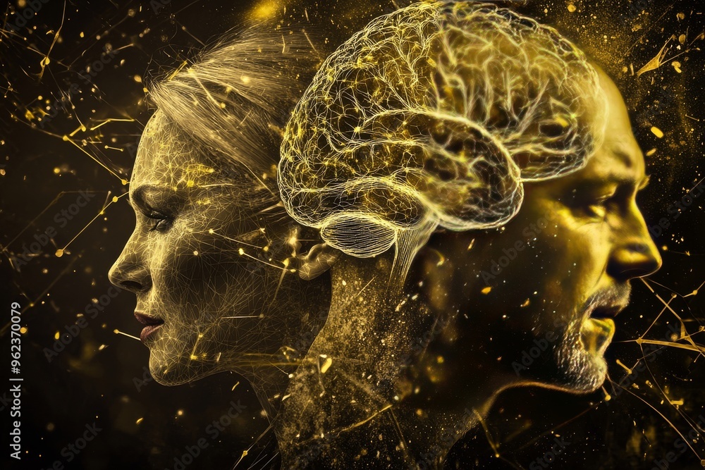 Poster cognitive agility sharpening dual human profiles with golden brains symbolizing synchronized thought