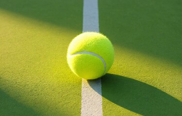 Bright yellow tennis ball near the line of a clay court. Close up of tennis ball. low angle. Ideal for a slide presentation. Template.. Top view.	