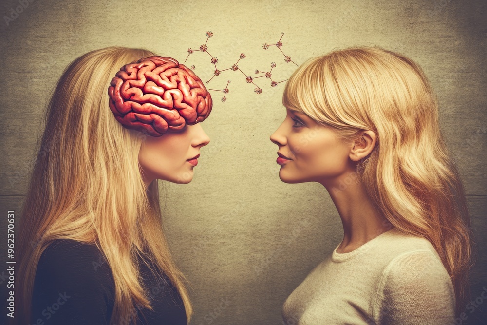 Poster cognitive development sharpening creative dialogue between two women with exposed brains symbolizing