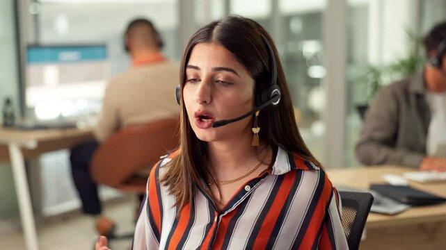 Call center, discussion and woman agent in office with crm, customer care or inbound contact. Communication, technical support and travel consultant with headset for online hospitality client.