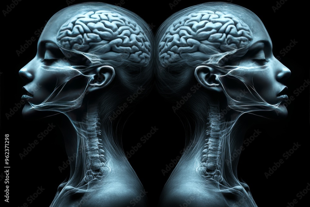 Poster neuroplasticity sharpening symmetrical human heads with exposed brains symbolizing the harmony of mi