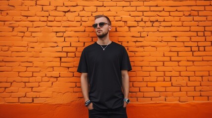 A stylish young man wearing sunglasses stands confidently against a bright orange brick wall, hands in pockets. His dark outfit contrasts sharply with the vivid background, exuding a modern and cool