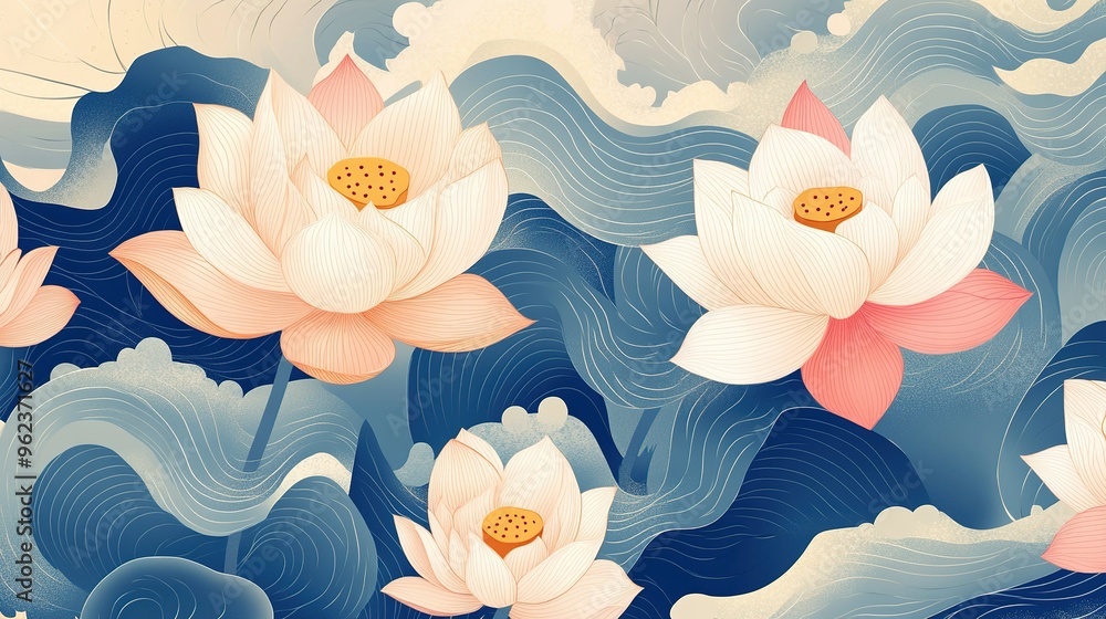 Poster Delicate Pink and White Lotus Flowers on a Wavy Blue Background