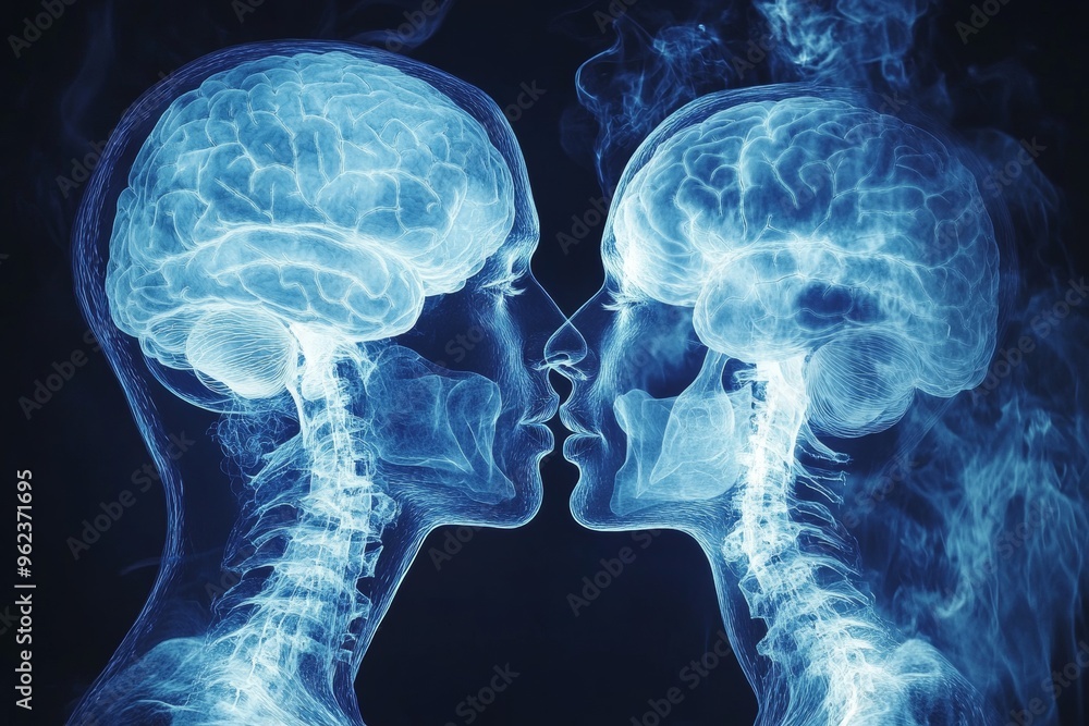 Poster brain sharpening x ray image of two heads kissing emphasizing the deep connection and cerebral intim