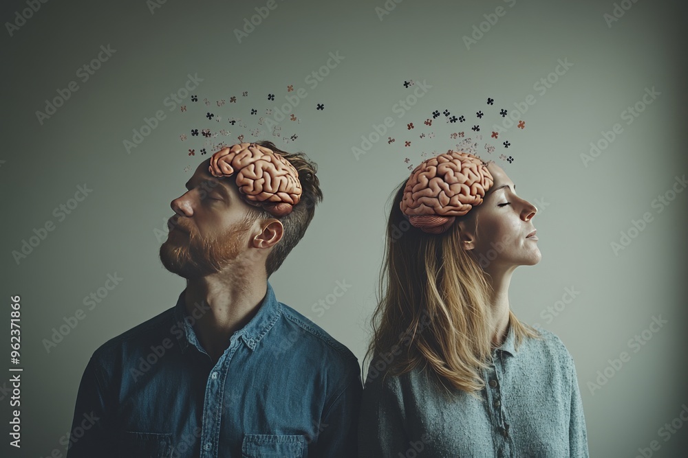 Poster brainpower sharpening man and woman with brains exposed highlighting the shared thought process and 