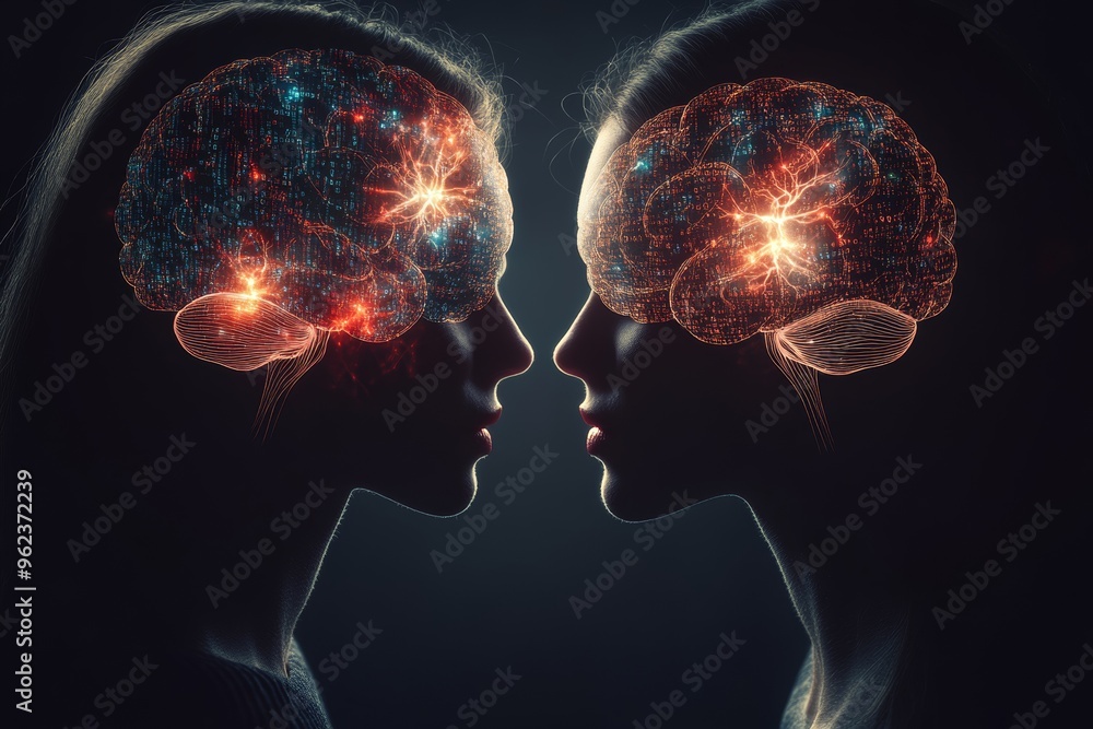 Poster smart sharpening symmetrical heads with glowing brains facing each other representing a shared intel
