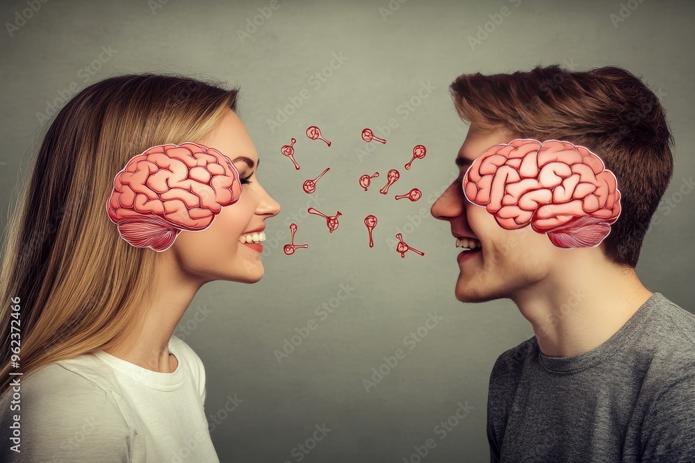 Poster mental agility cognition couple with brains exposed exchanging thoughts in a symbolic representation