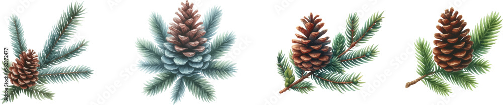 Poster pine cone vector icons collection.christmas tree with green pine cone branches isolated on white baq