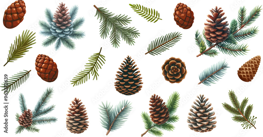 Poster pine cone vector icons collection.christmas tree with green pine cone branches isolated on white baq