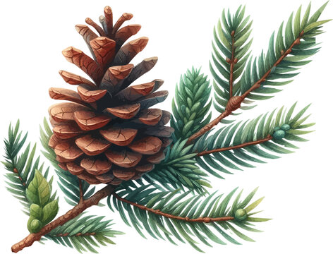 Pine cone vector icon.Christmas tree with green pine cone branches isolated on white baqckground. Fir tree branches with cones.