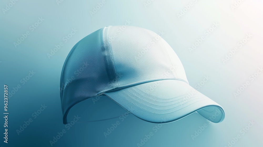 Poster light blue baseball cap floating against a soft gradient background, creating a modern and minimalis