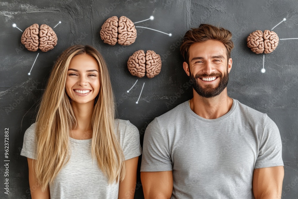 Aufkleber cognitive drill cognition happy couple standing with brain icons on the wall behind them representin