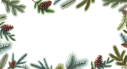 Border with pine cone branches  vector .Christmas tree frame with green pine cone branches isolated on white baqckground. Fir tree branches with cones border. Christmas holiday decoration