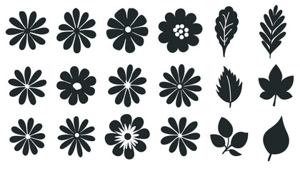 Collection of different daisy and wild flower icon, black and white illustration, Abstract  silhouette design. Perfect for branding, this illustration.