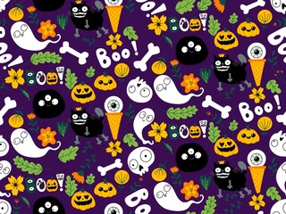 Halloween animals seamless cats and pumpkins pattern for wrapping paper