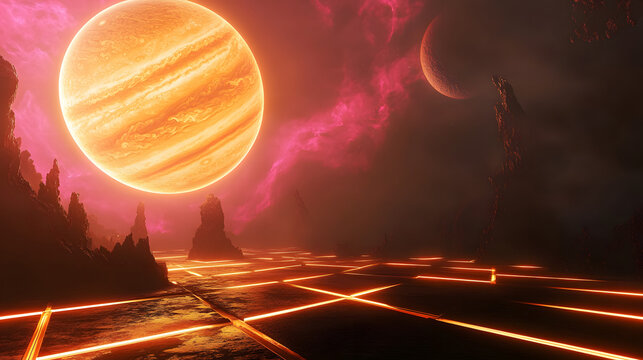 Abstract 3D illustration with a retro futuristic background featuring Jupiter.