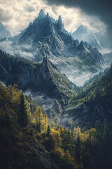 Panoramic View of Majestic Mountain Ranges with Cliffs, Snow-Capped Peaks, and Verdant Valleys, Featuring Rugged Natural Beauty and Lush Greenery, Scenic Wilderness Landscape for Nature and Travel