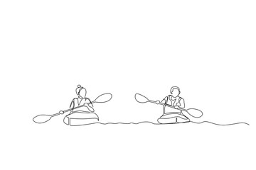 woman man together kayak canoe boat water sport activity lifestyle one line art design vector