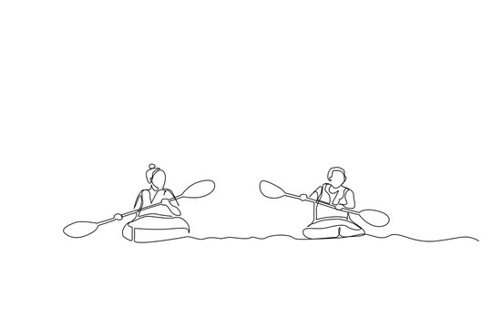 woman man together kayak canoe boat water sport activity lifestyle one line art design vector