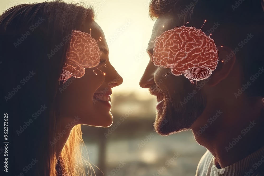 Aufkleber neural cognition romantic couple with illuminated brains symbolizing the deep mental connection shar