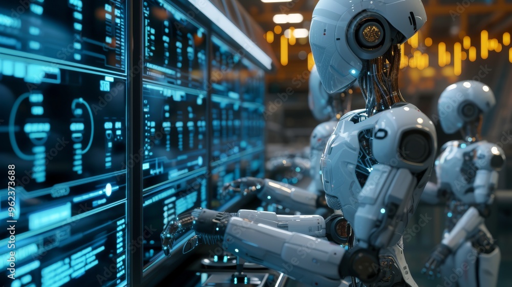Poster a group of humanoid robots operates advanced control panels in a futuristic environment. the scene s