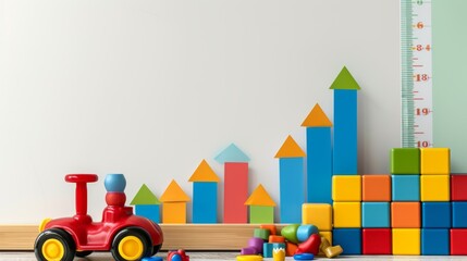 A collection of colorful educational toys arranged beside a growth chart in a children's room, symbolizing learning, growth, and development in early childhood education.