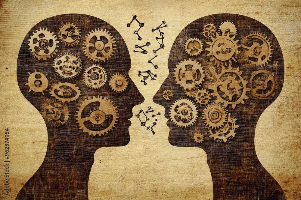 Aufkleber brainpower cognition two heads with gears and symbols symbolizing the mechanics of thought cognitive