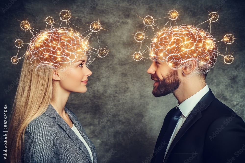 Poster thinking cognition business professionals with illuminated brains representing intellectual synergy 