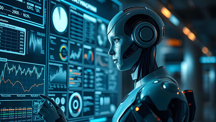 Advanced robotic figure analyzing data in a futuristic control room environment