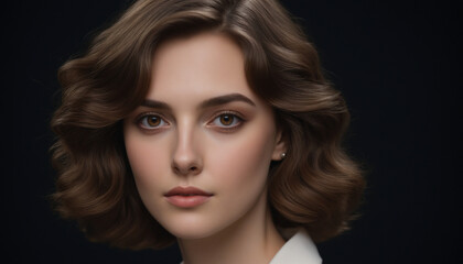 Fototapeta premium Close-up Portrait of a Beautiful Woman with Wavy Brown Hair and Soft Makeup