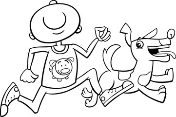 boy with happy puppy cartoon coloring page