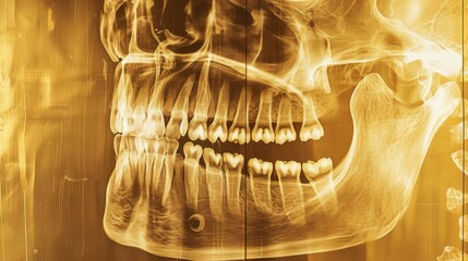 A detailed dental X-ray image of a human jaw and teeth presented in a sepia tone, showcasing the bone structure and dental health. Ideal for medical, dental, and educational purposes.