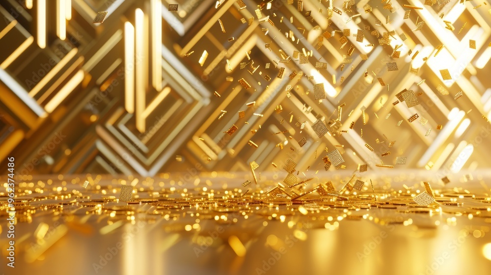 Poster an abstract scene featuring digital golden fragments suspended in a glowing, futuristic space. the f