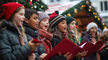 Fototapeta premium Group of young people singing Christmas carols outdoors at festive market, joyful holiday tradition with warm winter clothing and illuminated background