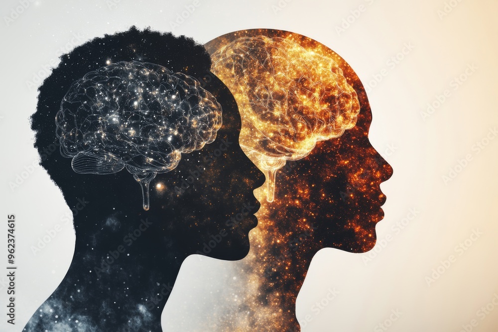 Poster brain agility training silhouette profiles with contrasting brain designs exploring the intersection