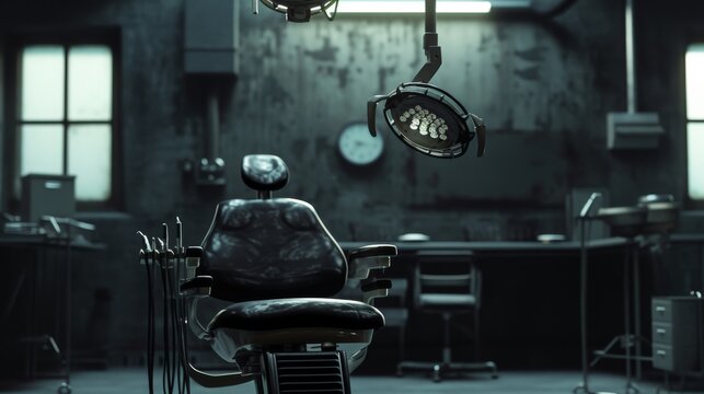A lonely dental chair sits in a dimly lit, dilapidated examination room, evoking a sense of neglect and eeriness. The outdated equipment and peeling walls add to the unsettling atmosphere of the