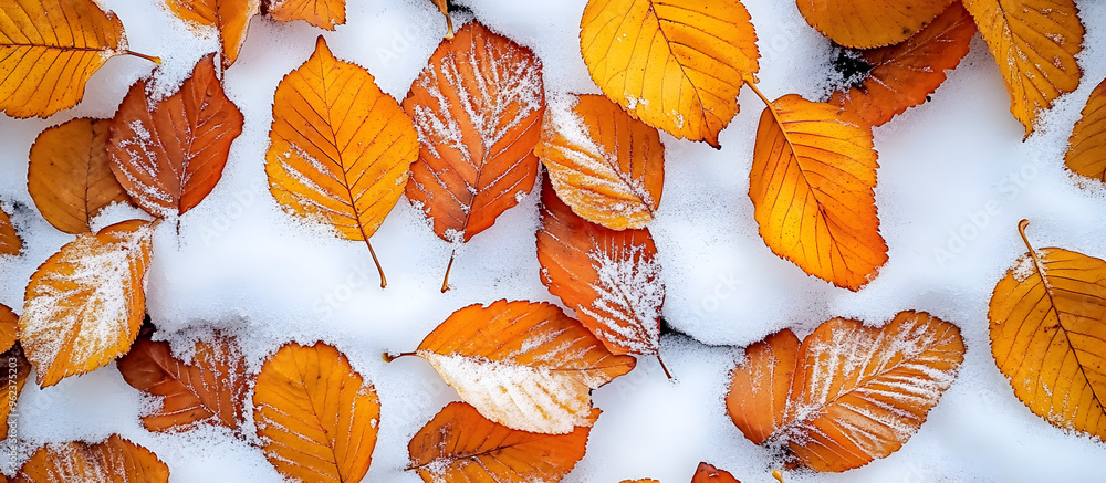 Poster yellow orange autumn beech leaves peek through the first snow creating a bright cool and leafy backg