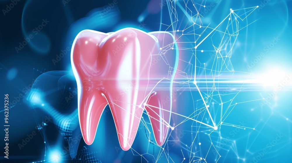 Poster a high-tech 3d model of a glowing tooth surrounded by network-like connections on a blue background.