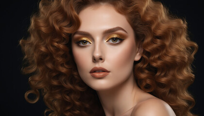 Fototapeta premium of a Beautiful Woman with Red Curly Hair and Golden Eye Makeup