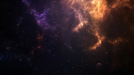 Fototapeta premium A starry night sky with a bright nebula and a planet in the distance.