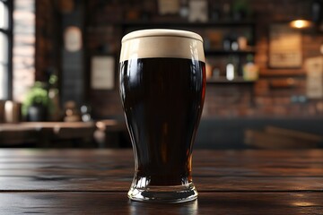 Frothy Dark Beer Pint on Wooden Bar Counter for Product Placement