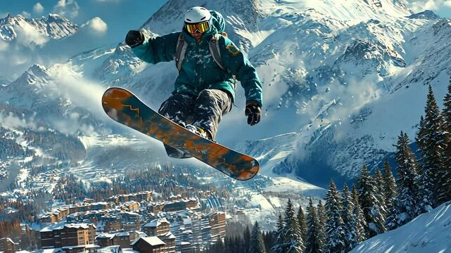 A snowboarder executes a thrilling jump with a snowy mountain village in the background.