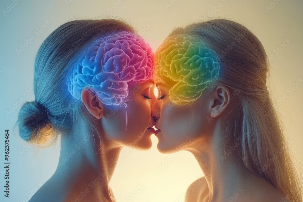 Poster brain plasticity training colorful brain activity visualized between two figures in a kiss represent