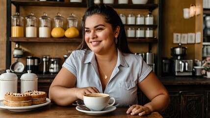 Una mujer sentada en una cafetería sostiene una taza de café. Relajada, disfruta del momento. El ambiente es acogedor, con muebles de madera, luces cálidas 