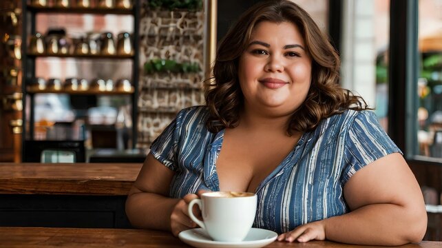 Una mujer sentada en una cafeter&iacute;a sostiene una taza de caf&eacute;. Relajada, disfruta del momento. El ambiente es acogedor, con muebles de madera, luces c&aacute;lidas 