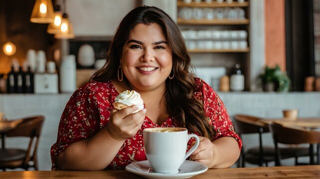 Una mujer sentada en una cafeter&iacute;a sostiene una taza de caf&eacute;. Relajada, disfruta del momento. El ambiente es acogedor, con muebles de madera, luces c&aacute;lidas 