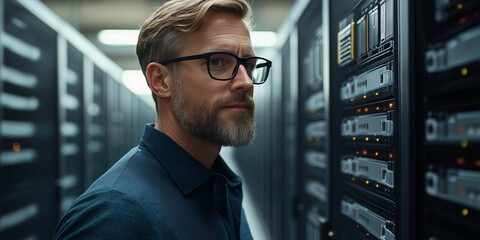 A young male IT professional with glasses works on a laptop while managing data servers in a modern, illuminated server room. 